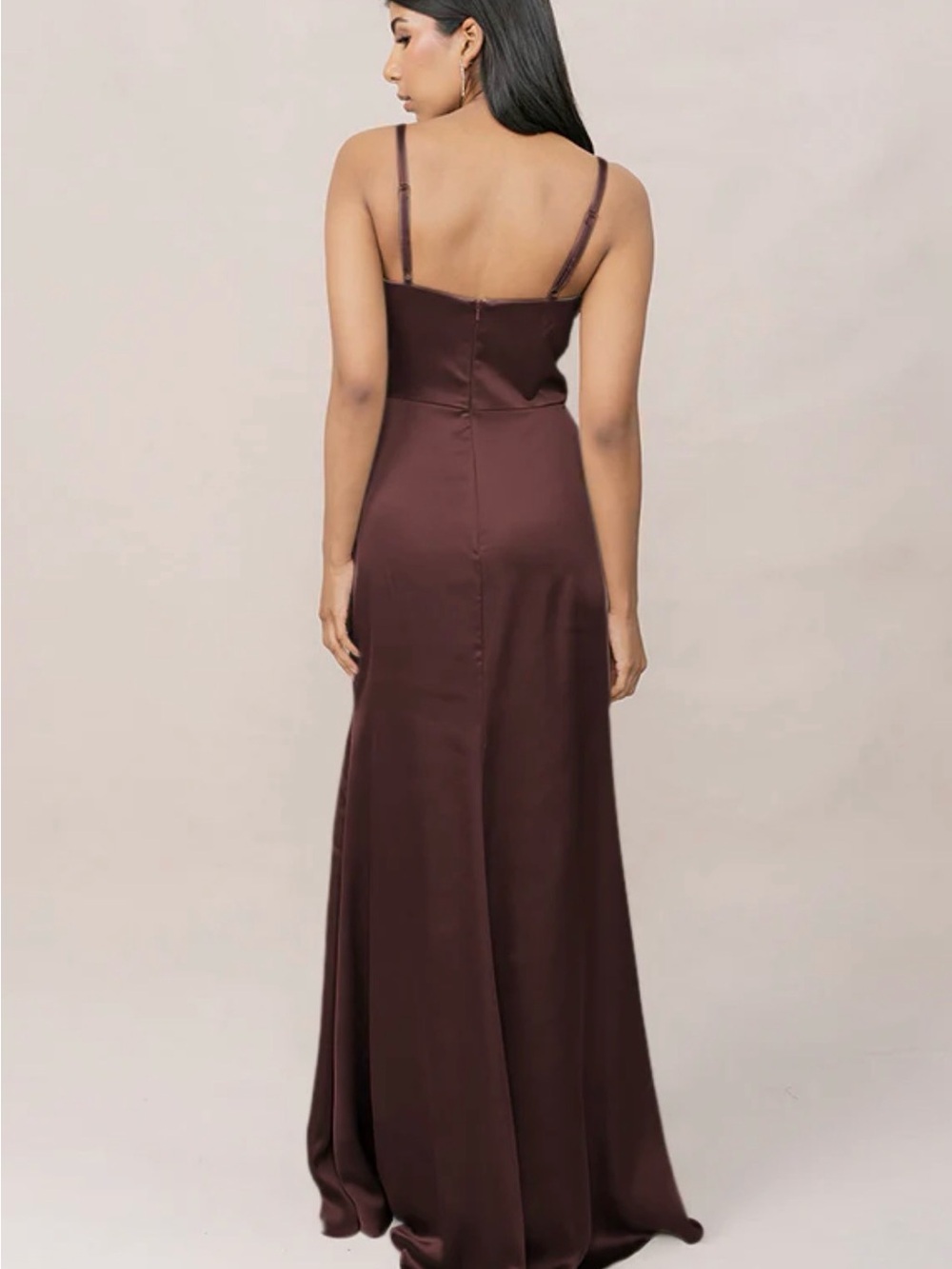 Revelry Satin V-Neck Maxi Gown in Deep Chocolate - Picture 3 of 9